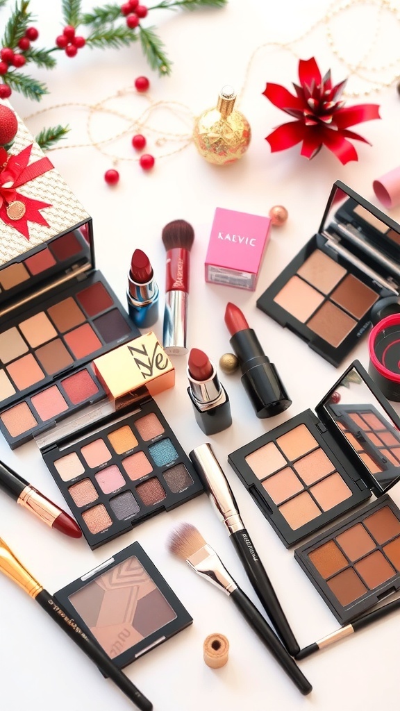 Must-Have Makeup Items for Your Christmas List Flat lay of makeup products including lipstick, eyeshadow palettes, and brushes on a festive background.